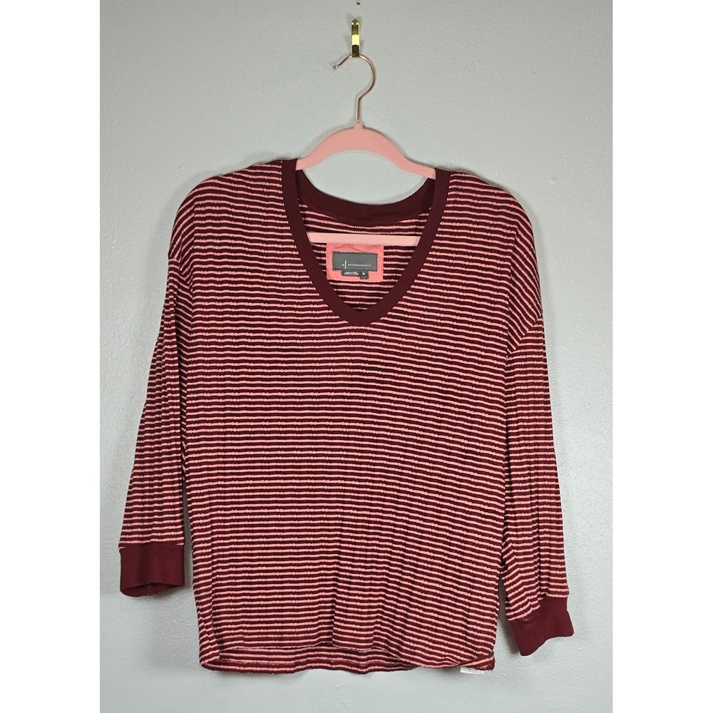Anthropologie Striped V-Neck Top XL Burgundy Pink Textured Knit Long Sleeve